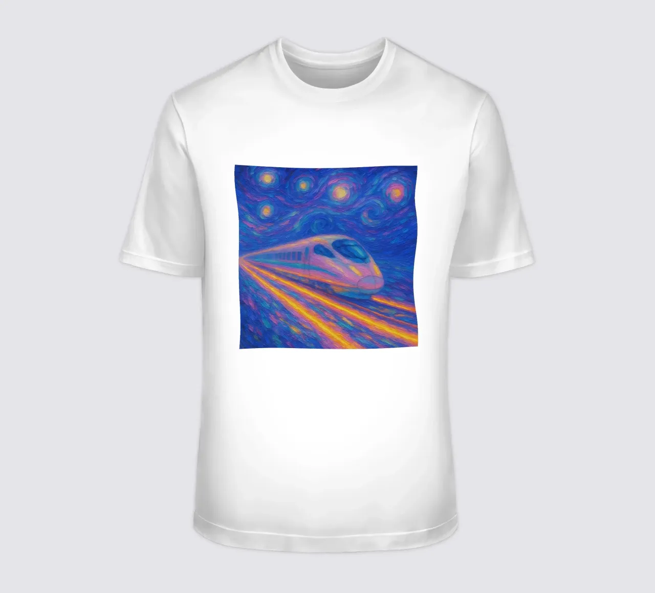 Treno proiettile al neon in corsa in una notte stellata e vorticosa t-shirt da Vincent’s Universe