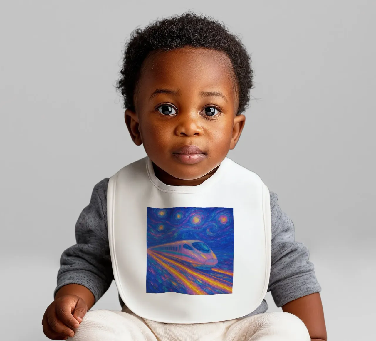 Treno proiettile al neon in corsa in una notte stellata e vorticosa bavaglino da Vincent’s Universe