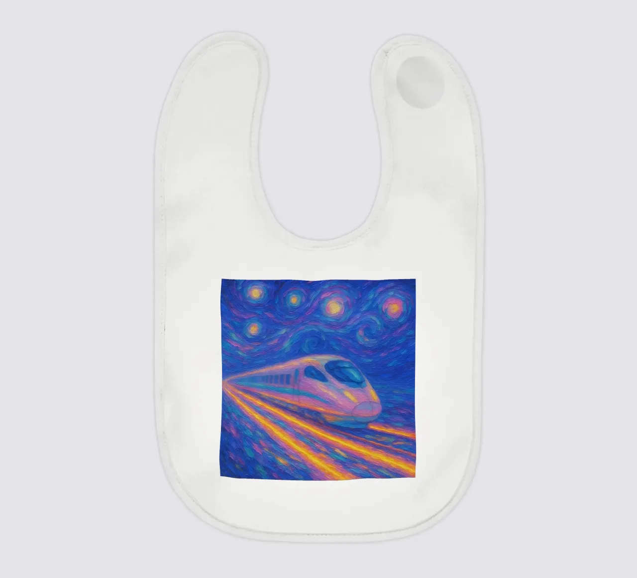 Treno proiettile al neon in corsa in una notte stellata e vorticosa bavaglino da Vincent’s Universe