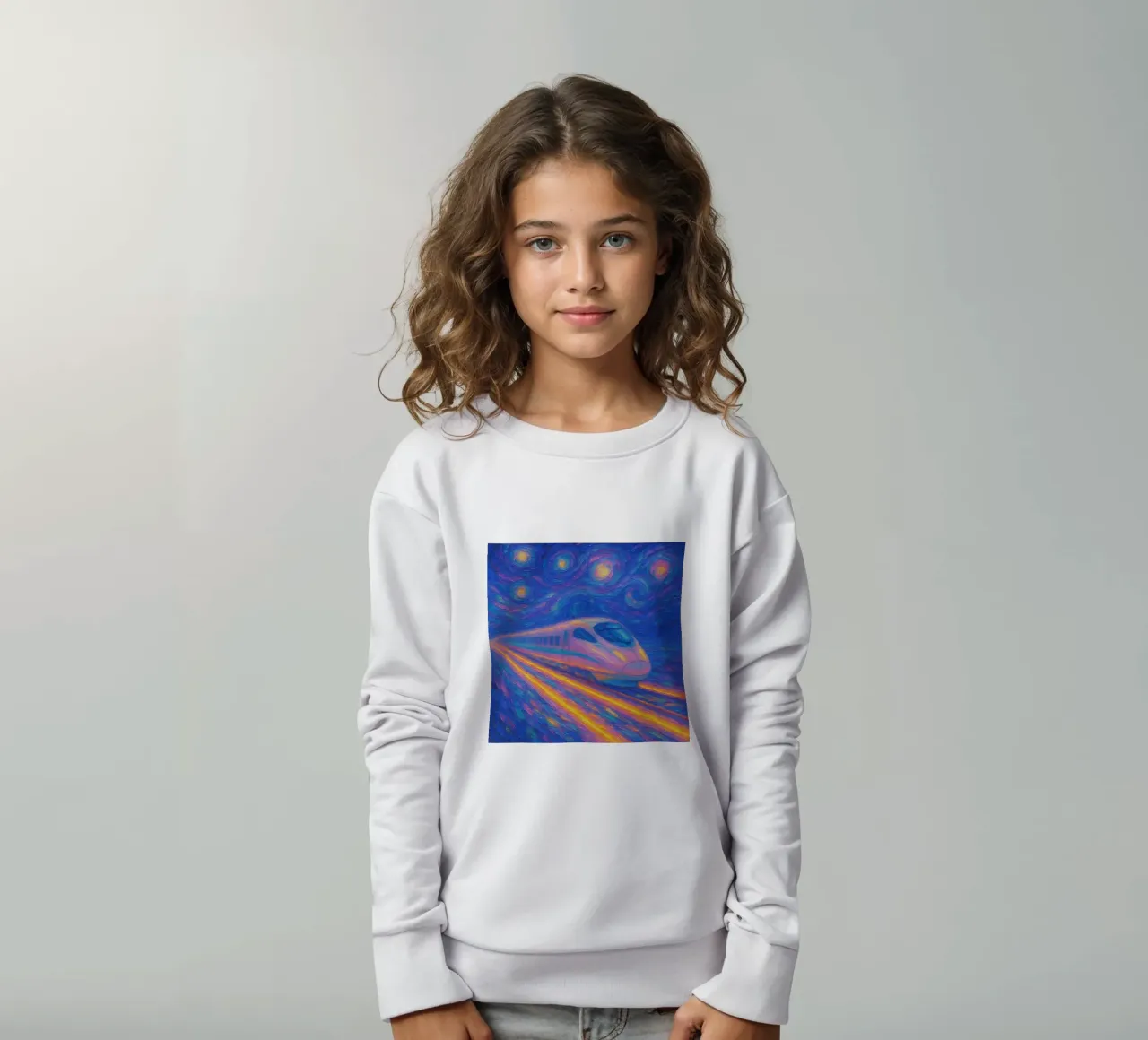 Treno proiettile al neon in corsa in una notte stellata e vorticosa felpa bambino da Vincent’s Universe