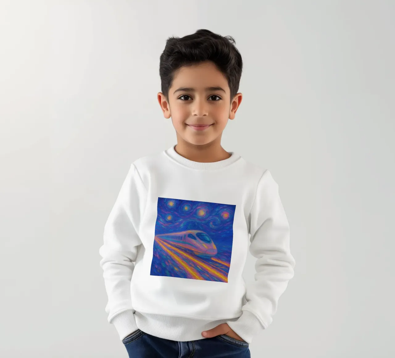 Treno proiettile al neon in corsa in una notte stellata e vorticosa felpa bambino da Vincent’s Universe