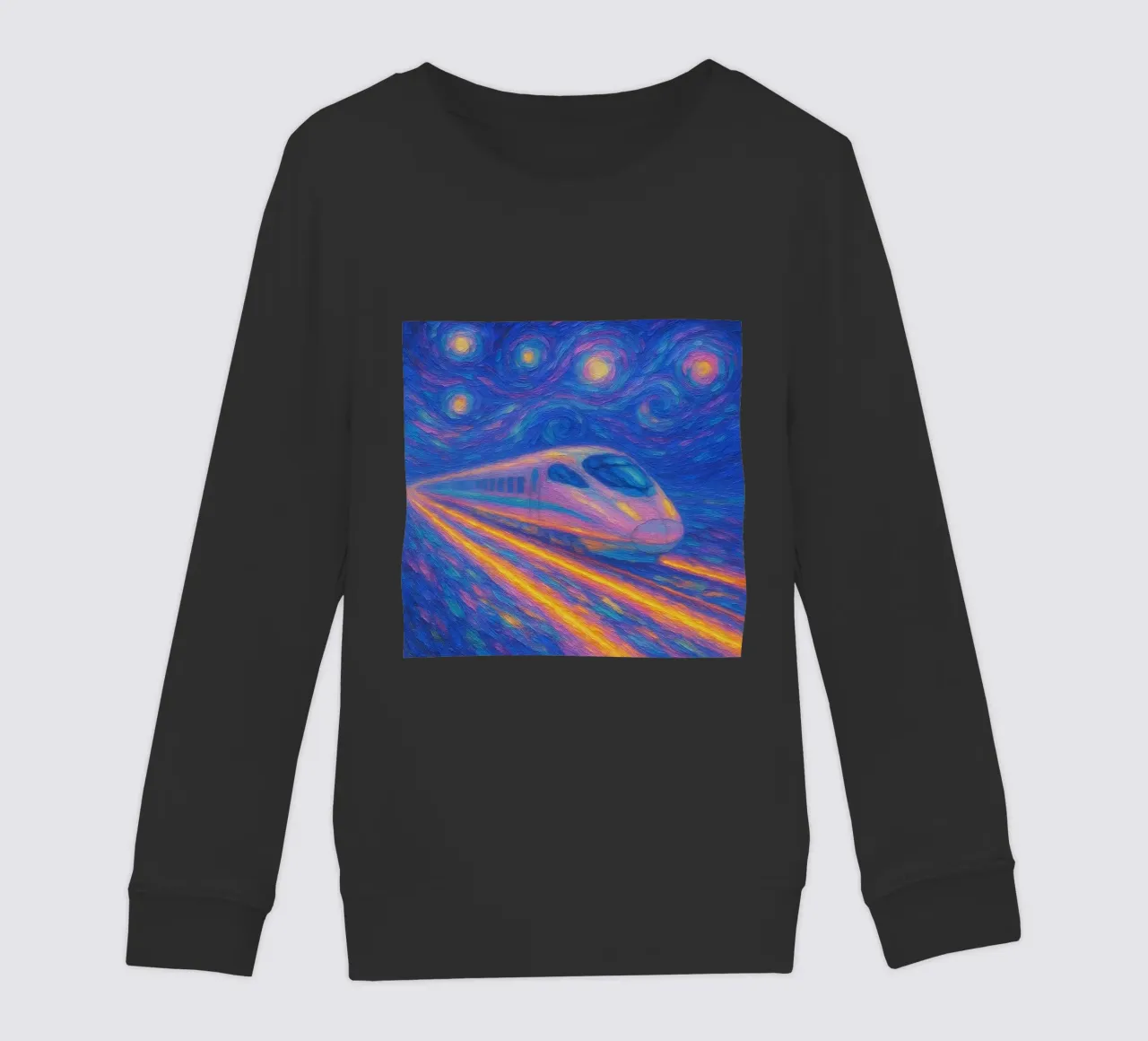 Treno proiettile al neon in corsa in una notte stellata e vorticosa felpa bambino da Vincent’s Universe