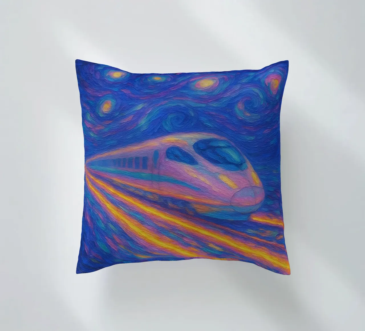 Treno proiettile al neon in corsa in una notte stellata e vorticosa cuscino da Vincent’s Universe