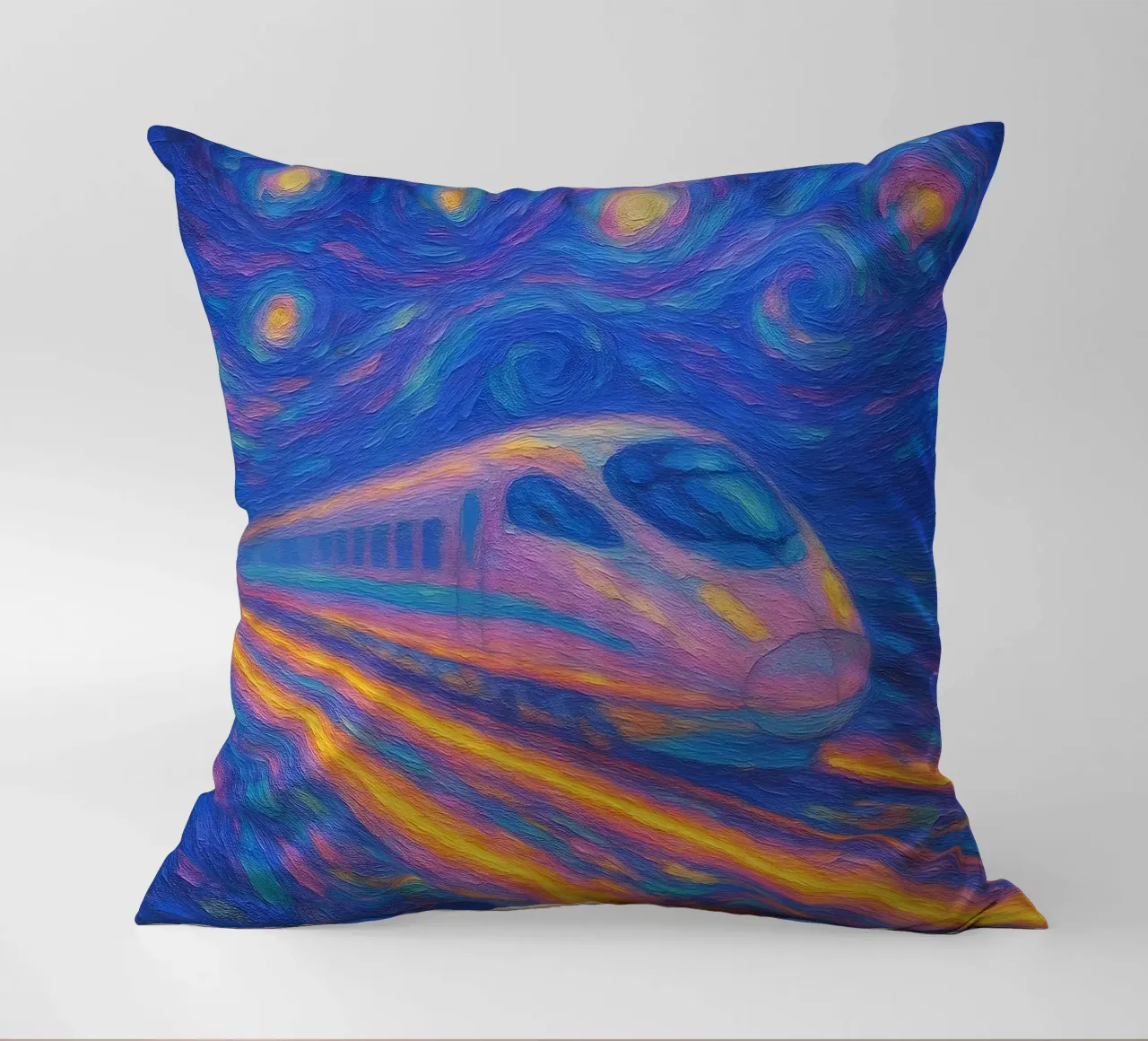 Treno proiettile al neon in corsa in una notte stellata e vorticosa cuscino da Vincent’s Universe