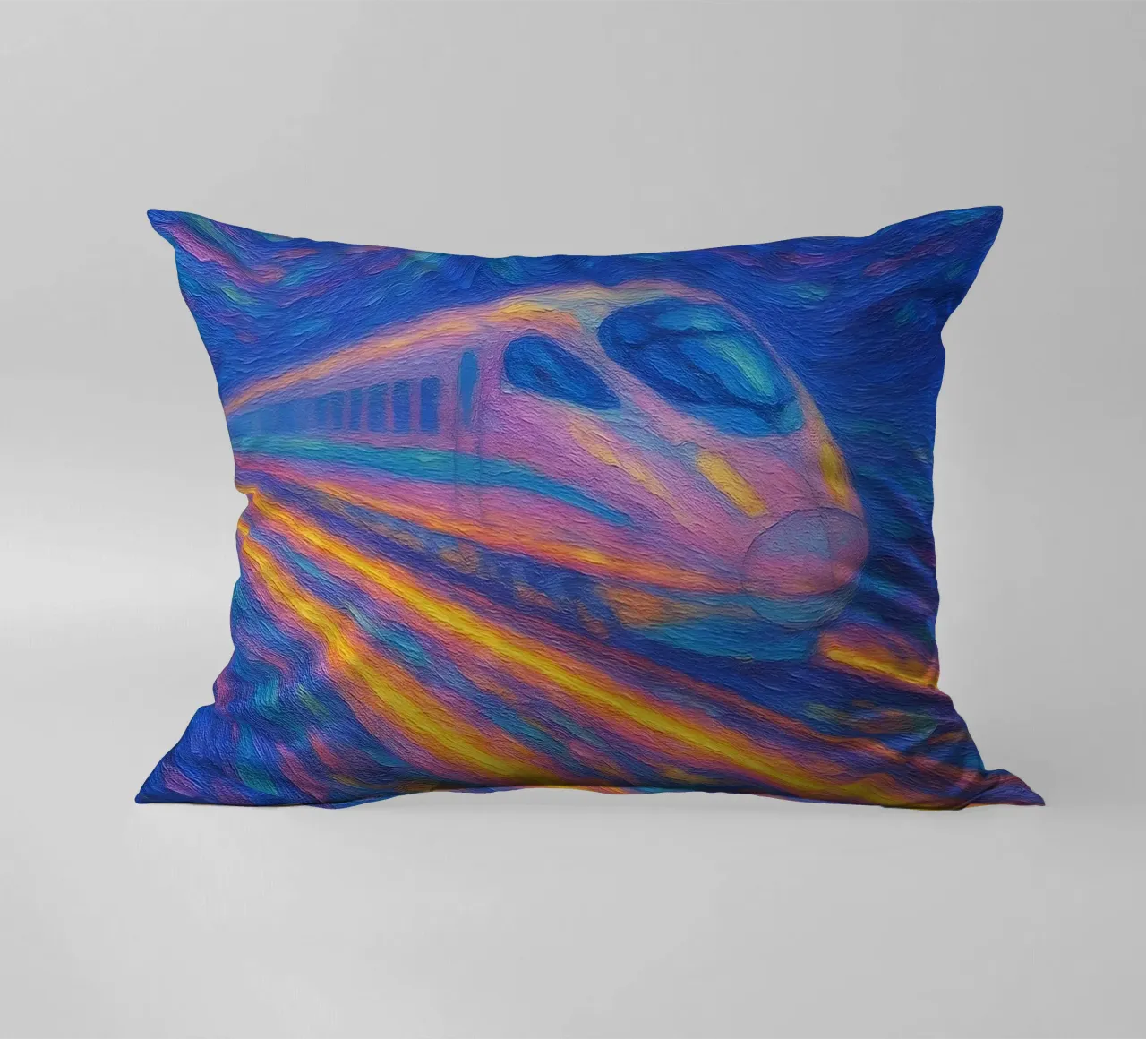 Treno proiettile al neon in corsa in una notte stellata e vorticosa cuscino da Vincent’s Universe