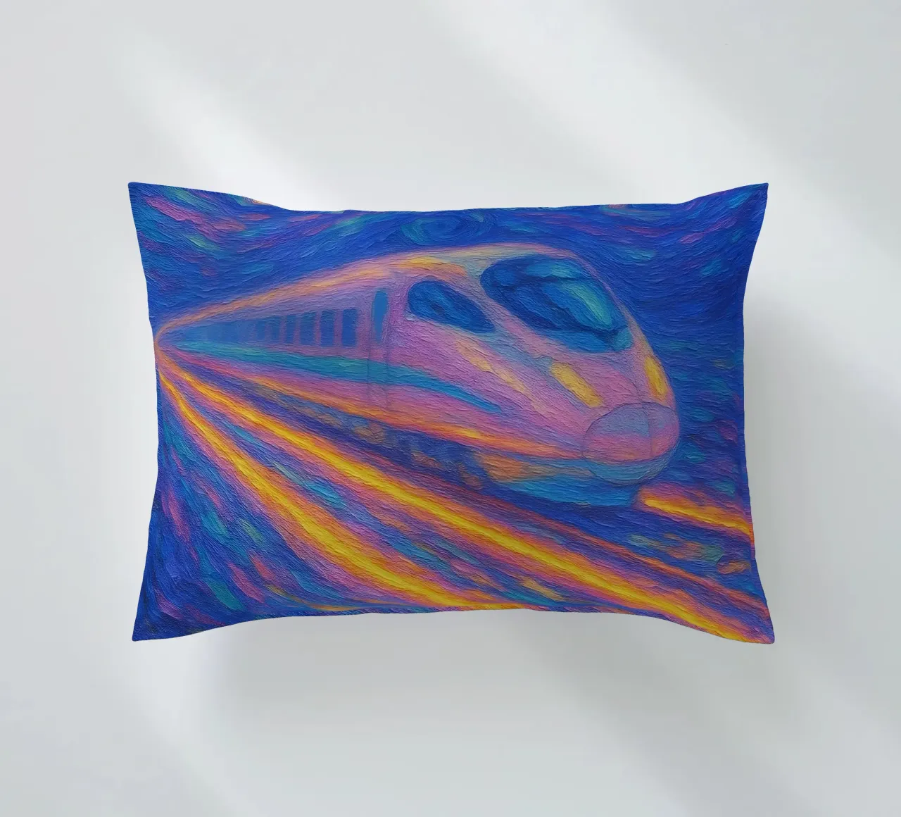 Treno proiettile al neon in corsa in una notte stellata e vorticosa cuscino da Vincent’s Universe