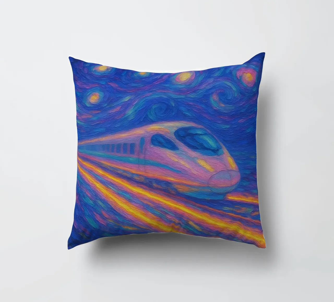 Treno proiettile al neon in corsa in una notte stellata e vorticosa cuscino da Vincent’s Universe