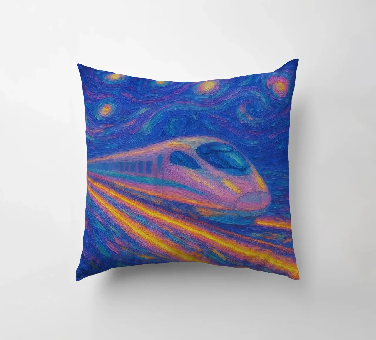 Treno proiettile al neon in corsa in una notte stellata e vorticosa cuscino da Vincent’s Universe