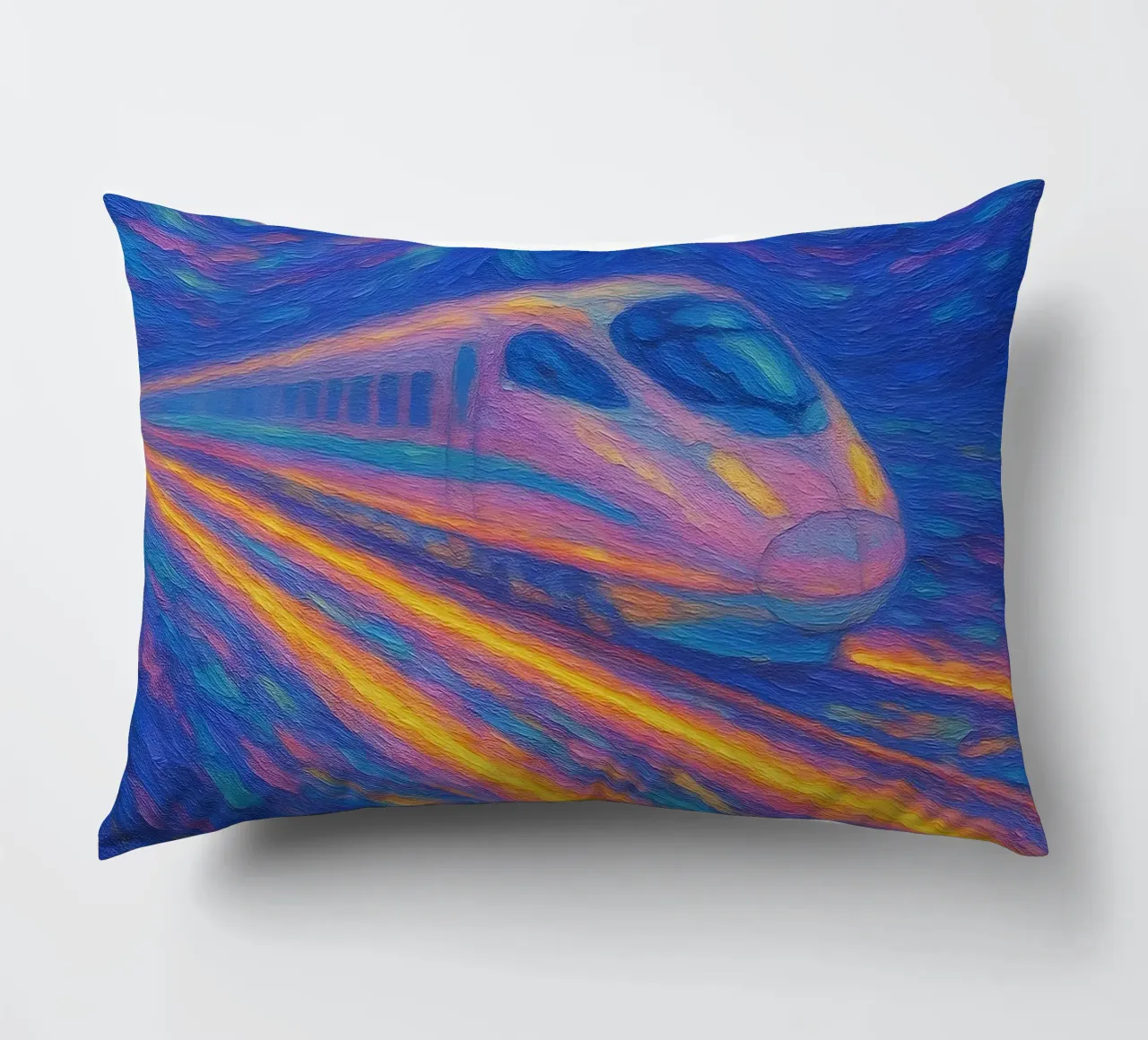 Treno proiettile al neon in corsa in una notte stellata e vorticosa cuscino da Vincent’s Universe