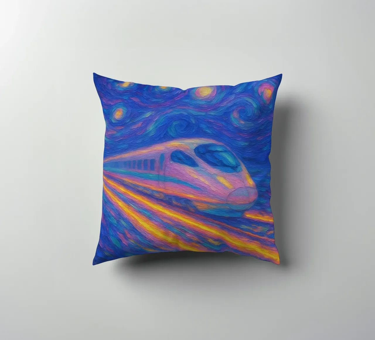 Treno proiettile al neon in corsa in una notte stellata e vorticosa cuscino da Vincent’s Universe