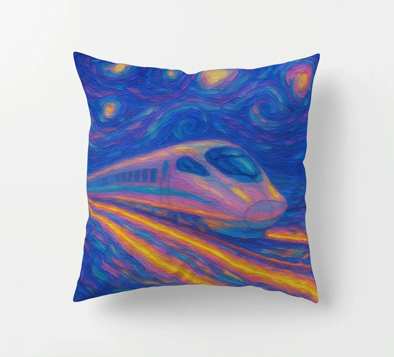 Treno proiettile al neon in corsa in una notte stellata e vorticosa cuscino da Vincent’s Universe