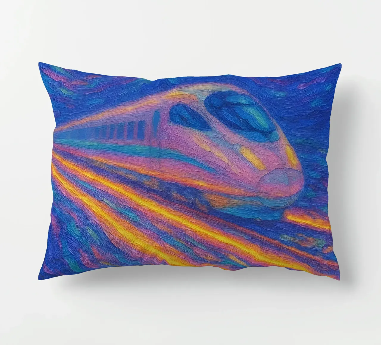 Treno proiettile al neon in corsa in una notte stellata e vorticosa cuscino da Vincent’s Universe