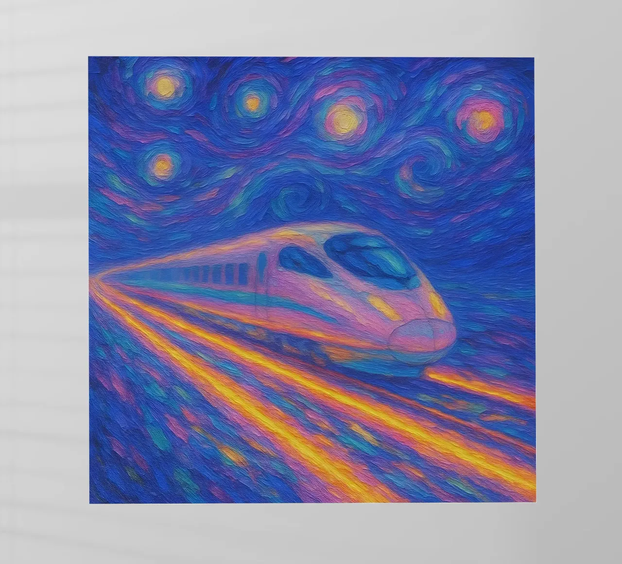 Treno proiettile al neon in corsa in una notte stellata e vorticosa pellicola backlit da Vincent’s Universe