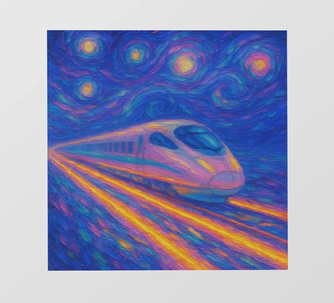 Treno proiettile al neon in corsa in una notte stellata e vorticosa pellicola backlit da Vincent’s Universe