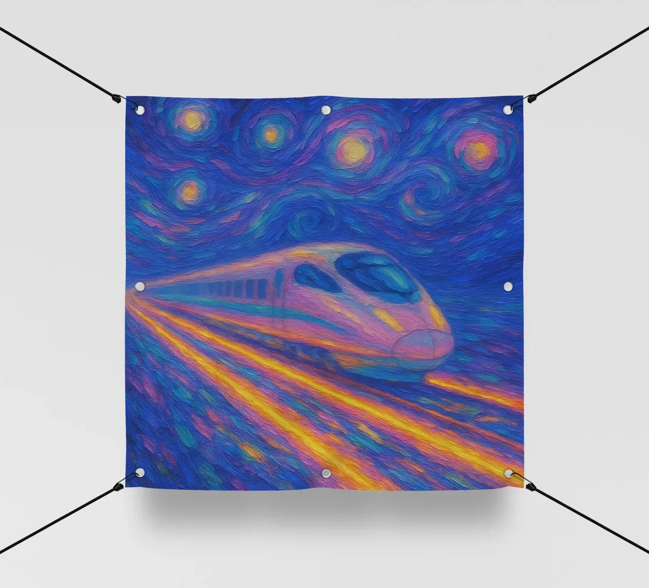 Treno proiettile al neon in corsa in una notte stellata e vorticosa telo in pvc da Vincent’s Universe