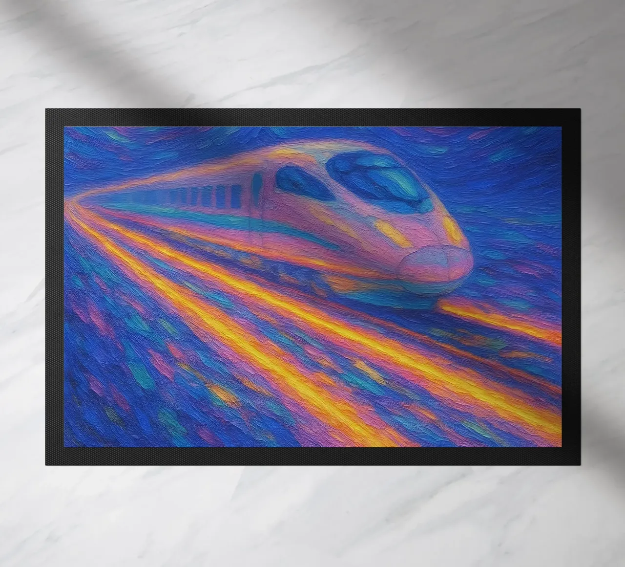 Treno proiettile al neon in corsa in una notte stellata e vorticosa zerbino da Vincent’s Universe