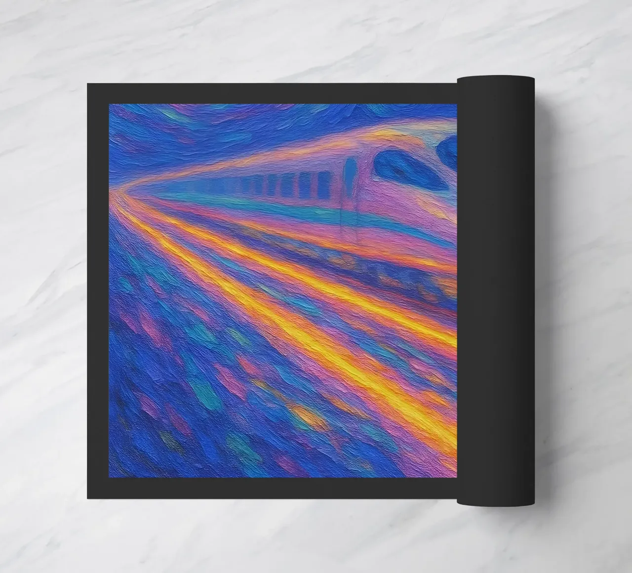 Treno proiettile al neon in corsa in una notte stellata e vorticosa zerbino da Vincent’s Universe