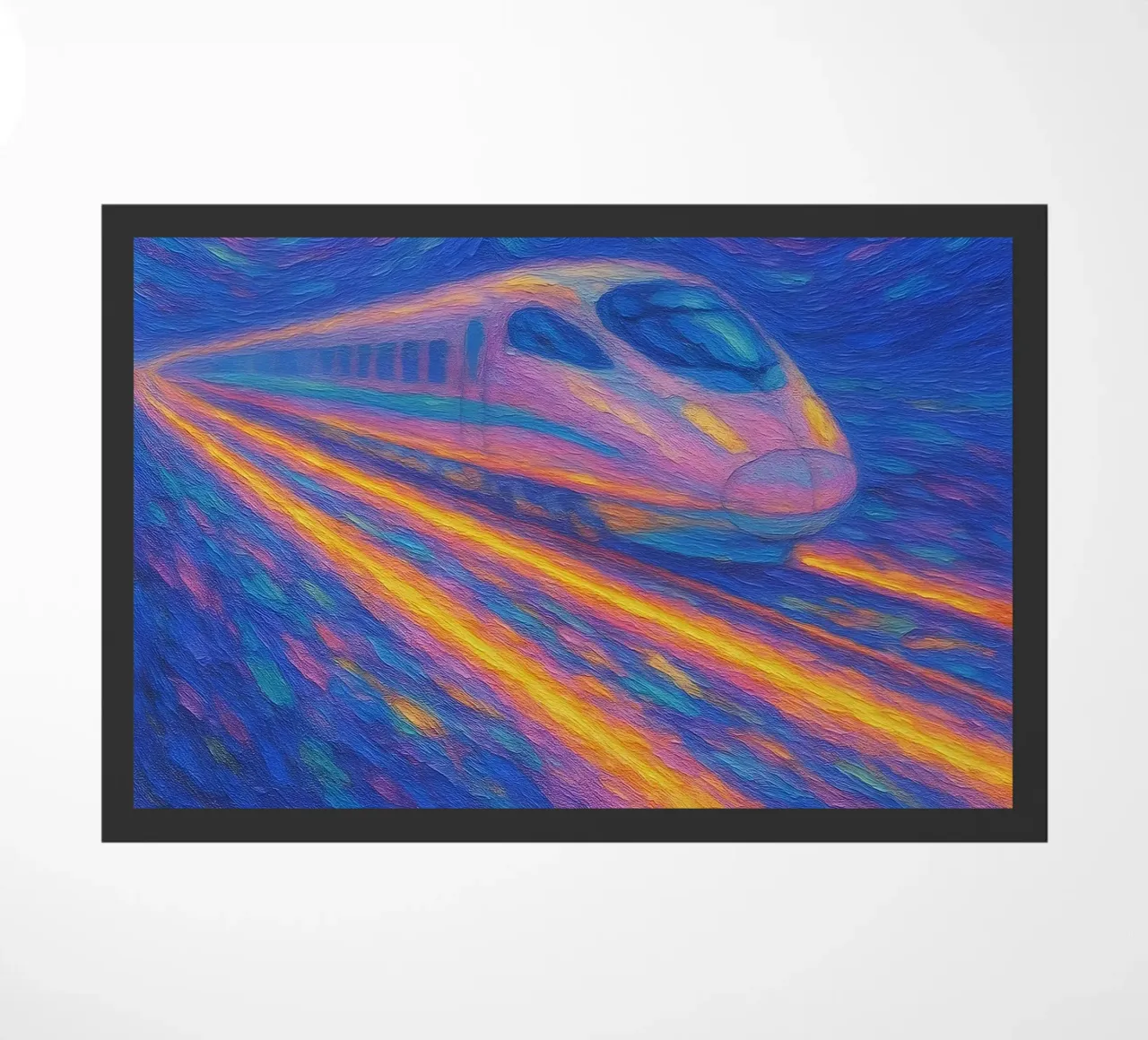 Treno proiettile al neon in corsa in una notte stellata e vorticosa zerbino da Vincent’s Universe