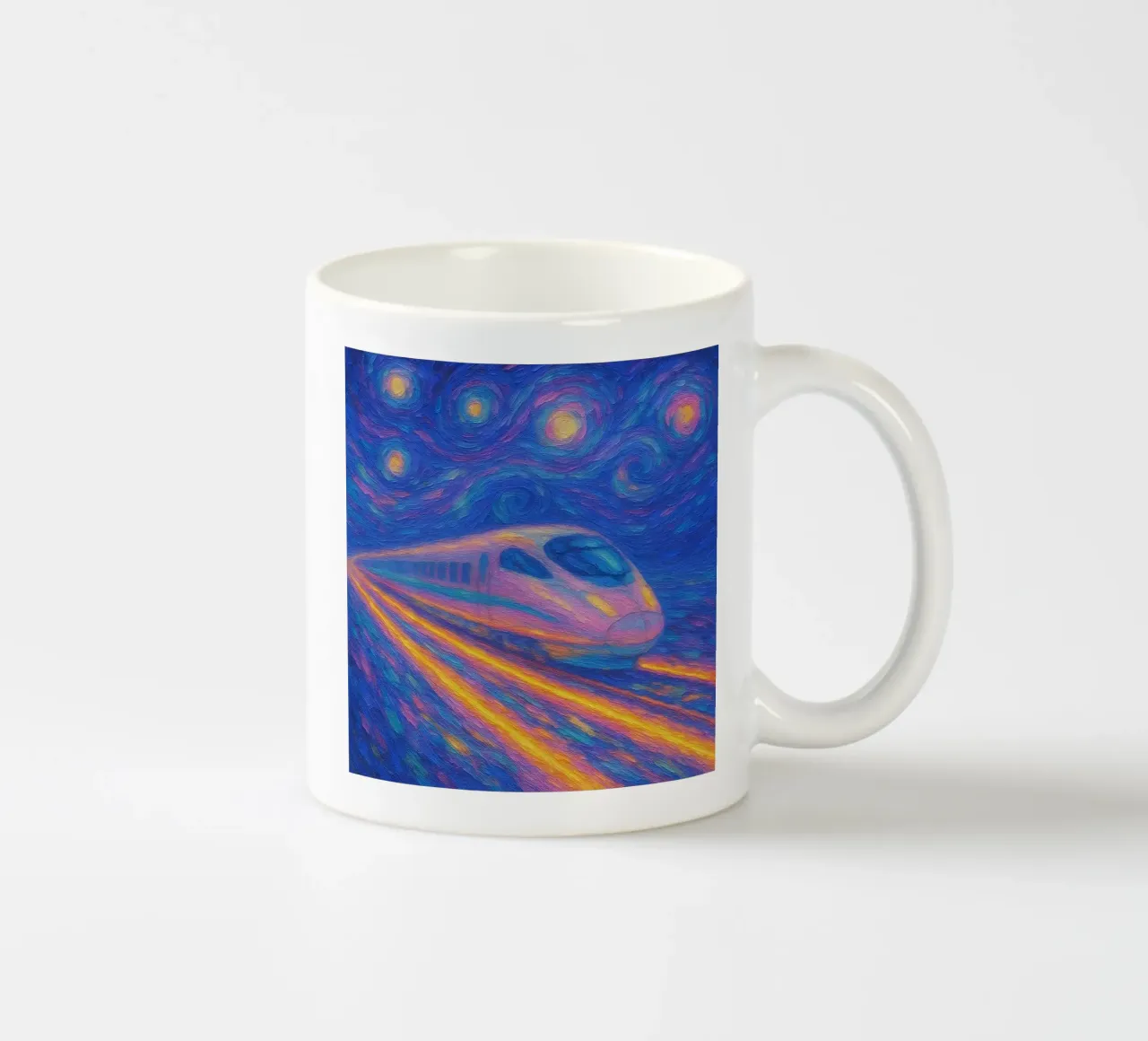 Treno proiettile al neon in corsa in una notte stellata e vorticosa tazza in ceramica da Vincent’s Universe