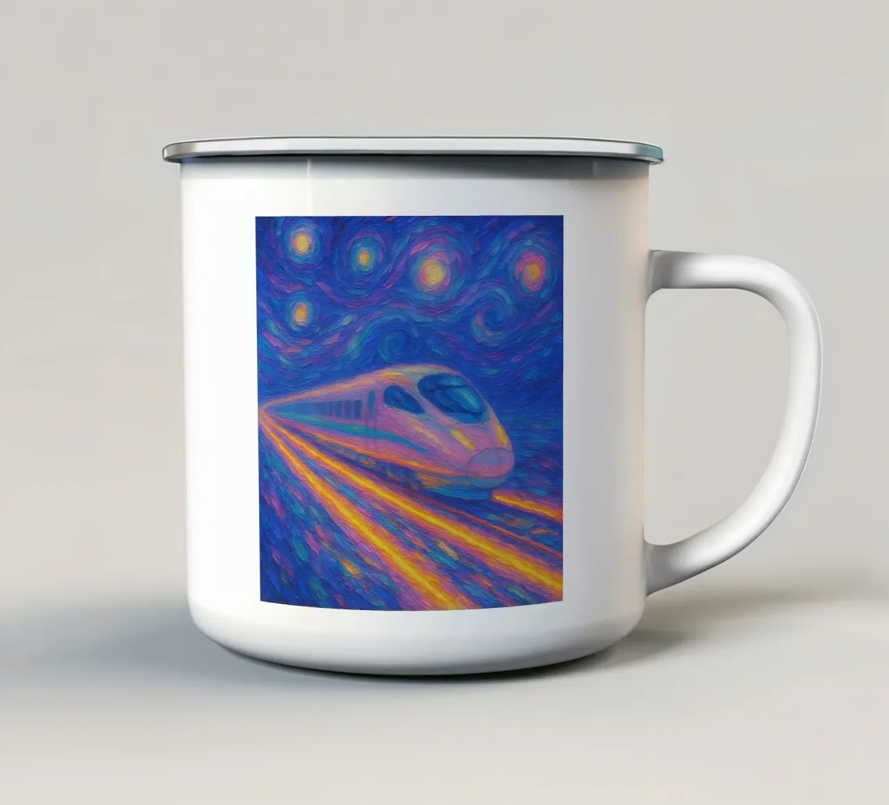 Treno proiettile al neon in corsa in una notte stellata e vorticosa tazza in smalto da Vincent’s Universe