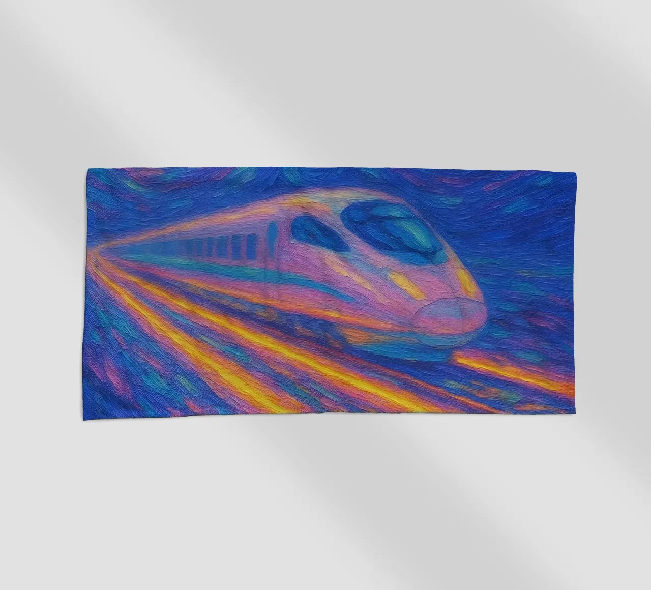 Treno proiettile al neon in corsa in una notte stellata e vorticosa telo mare da Vincent’s Universe