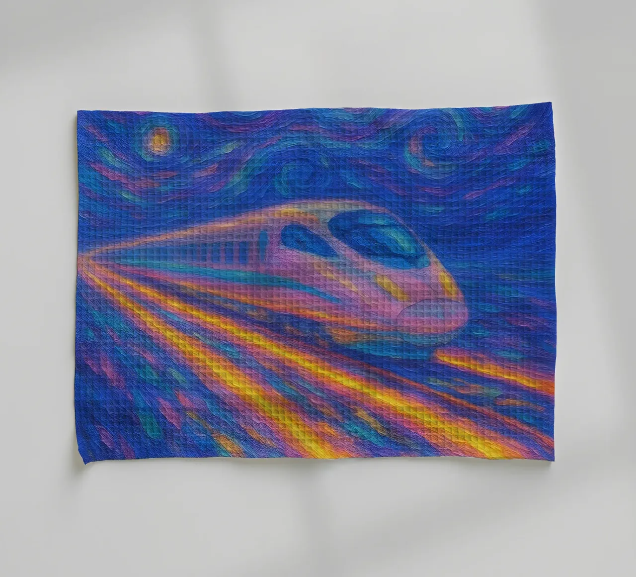 Treno proiettile al neon in corsa in una notte stellata e vorticosa canovaccio da cucina da Vincent’s Universe