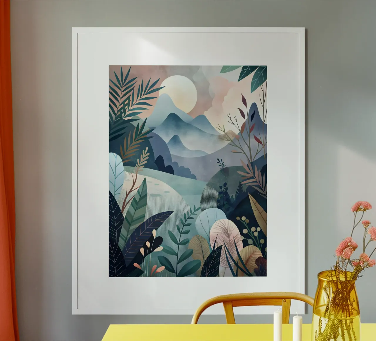 Alba serena tra le montagne nebbiose poster con telaio in plastica da Artistic-shop