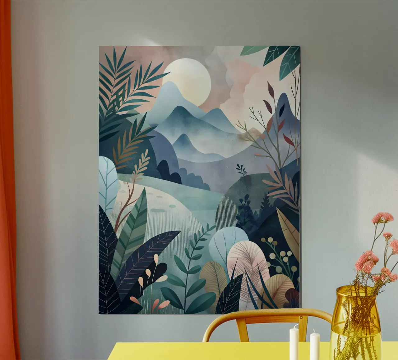 Alba serena tra le montagne nebbiose poster con telaio in plastica da Artistic-shop