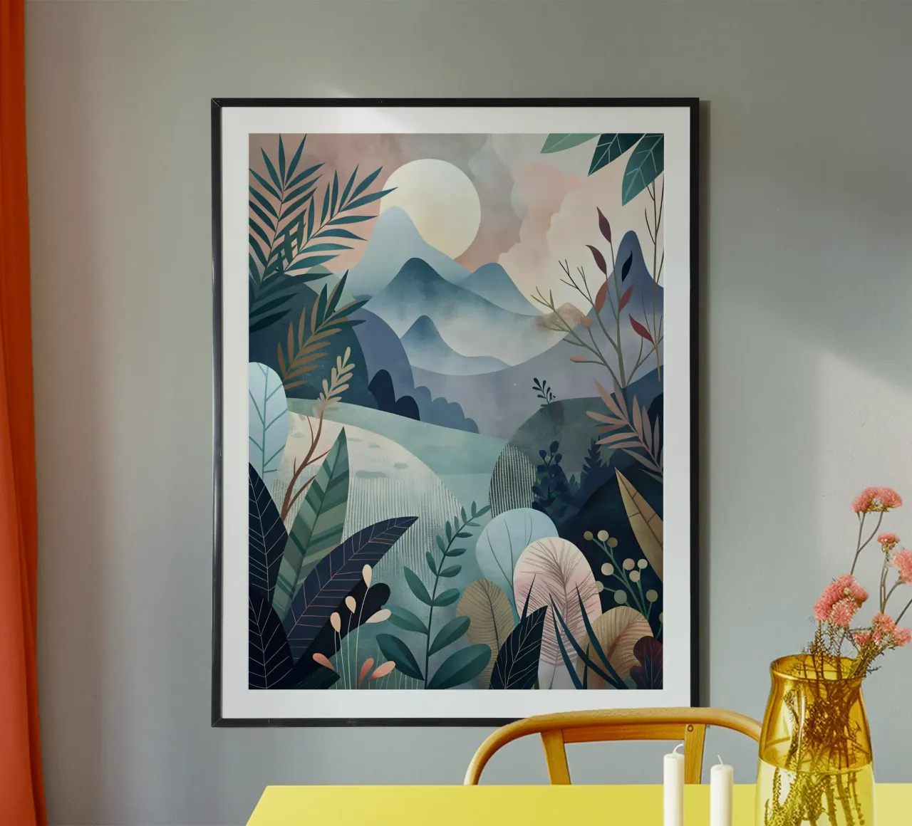 Alba serena tra le montagne nebbiose poster con telaio in plastica da Artistic-shop