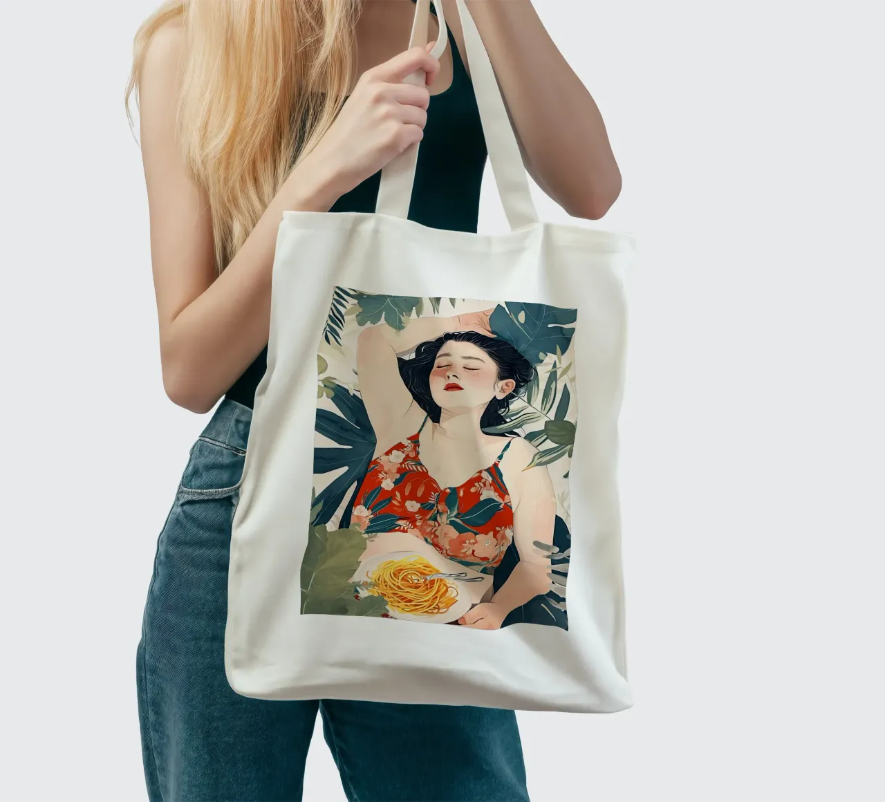 Ritratto di ragazza ad acquerello Siesta time borsa in juta da Justyna Jaszke JBJart