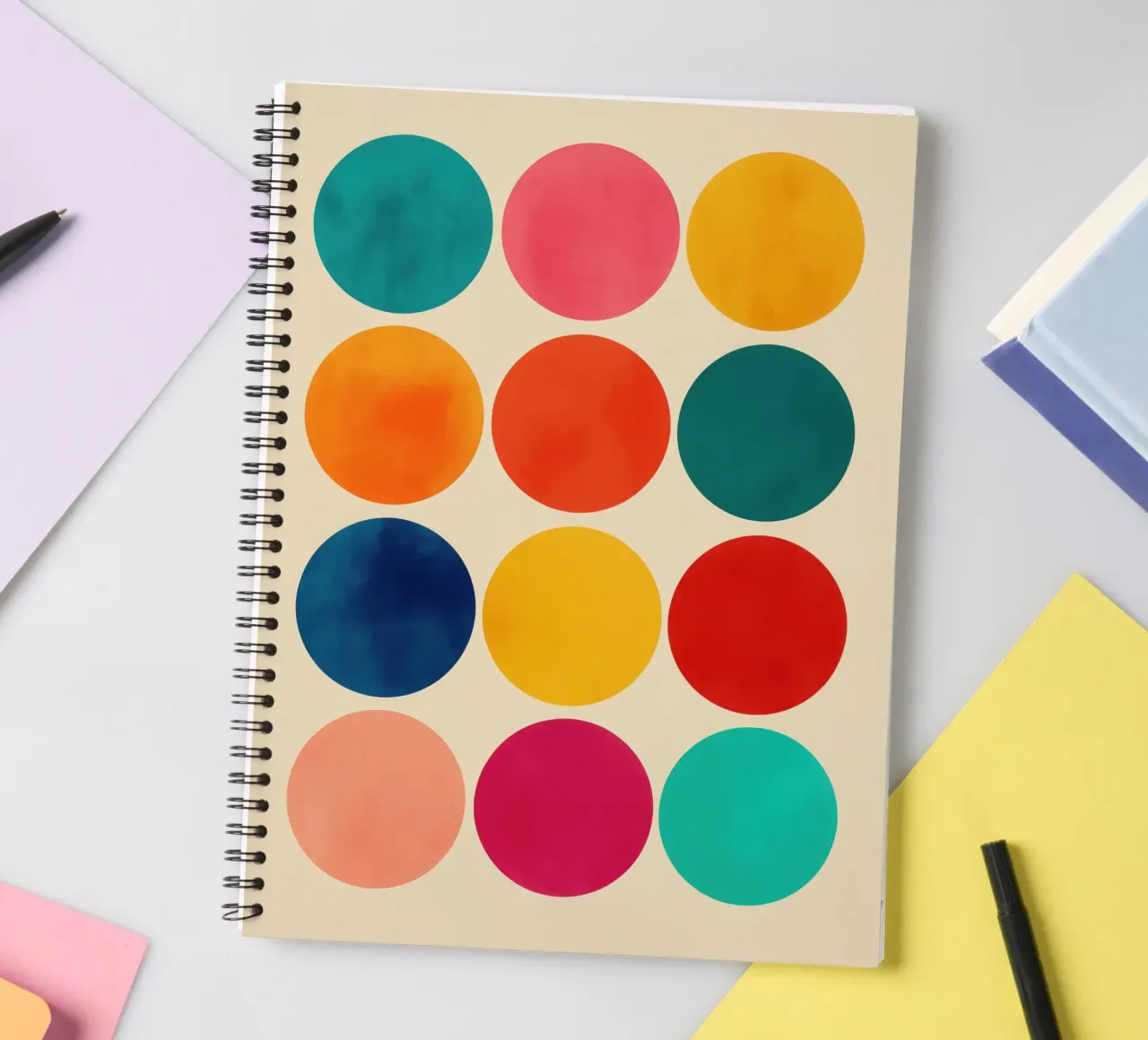 Guaranteed colour fun | Grid with 12 colour circles spiral notebook by Autofocus