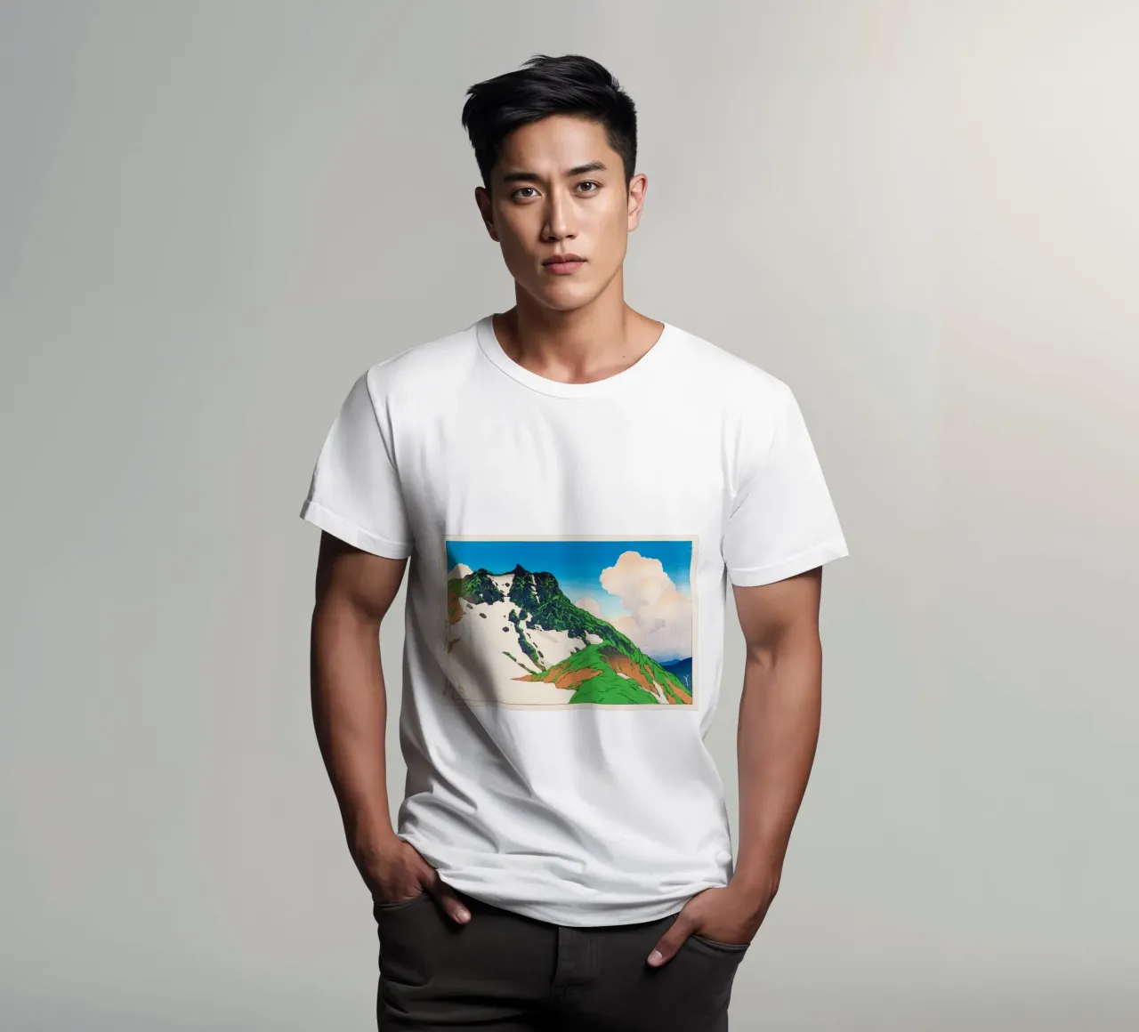 View of Asahigadake from Mount Haku by Kawase Hasui t-shirt da Haru Prints