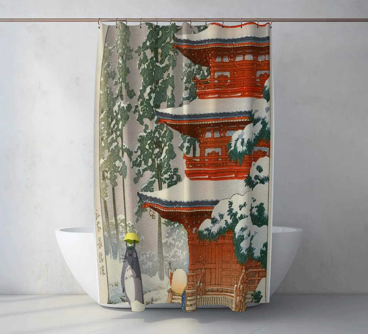 Totoro in the Snow - Manga Mashup - Japanese Print shower curtain by Mashtup
