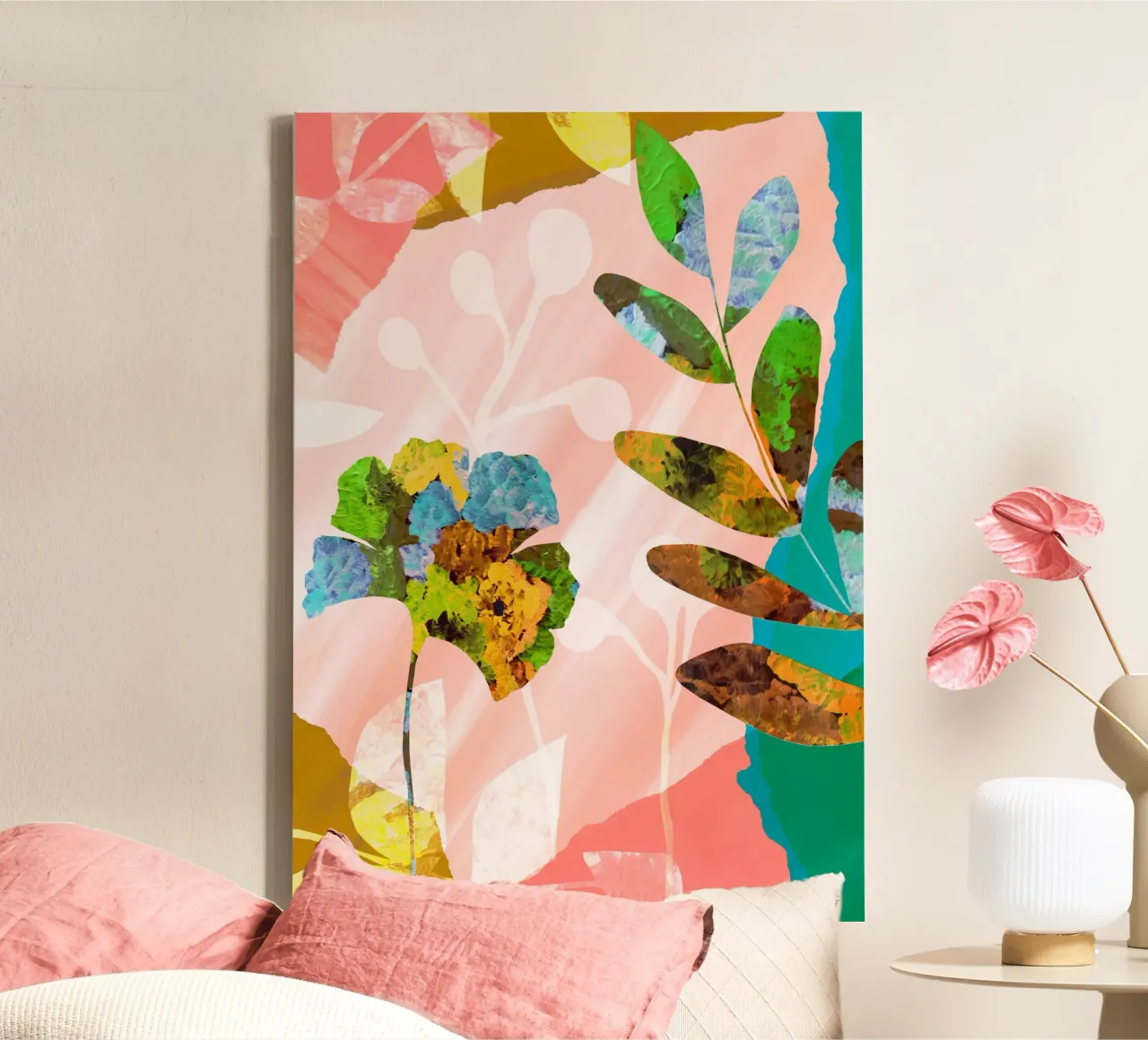 Roze abstracte bloemenprint canvas met Baklijst van Violets Print House