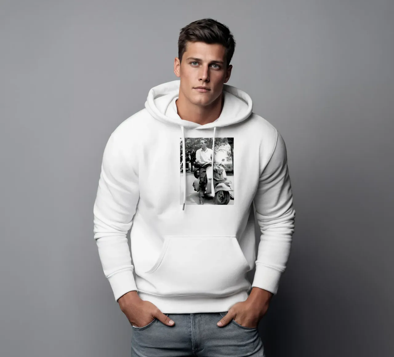 Paul Newman in Vespa (1960) felpa con cappuccio da BLACK WITH WHITE