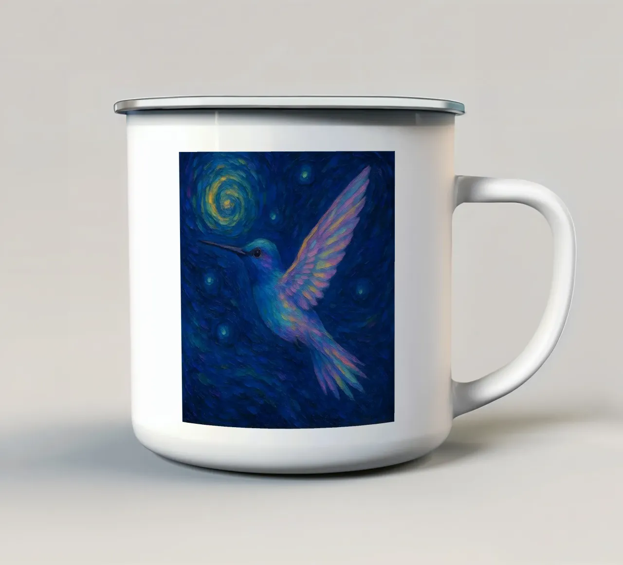 Colibrì colorati che si librano in un cielo stellato notturno tazza in smalto da Vincent’s Universe