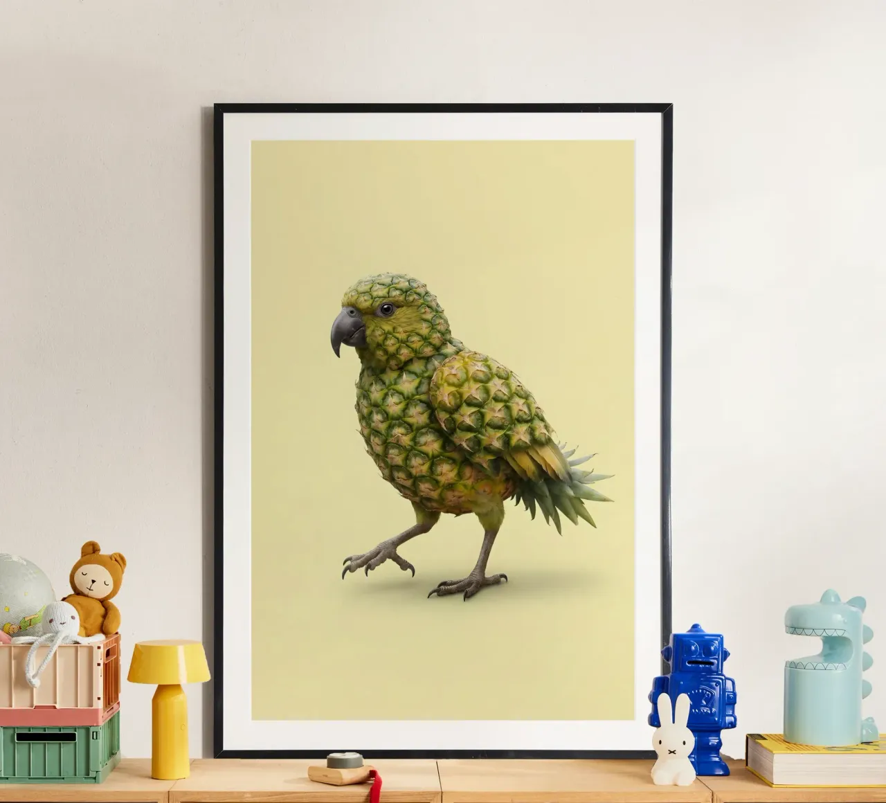 Pineapple Parrot Fusion Art – Tropical Surreal Illustration Poster von Fruit Fusion Creatures