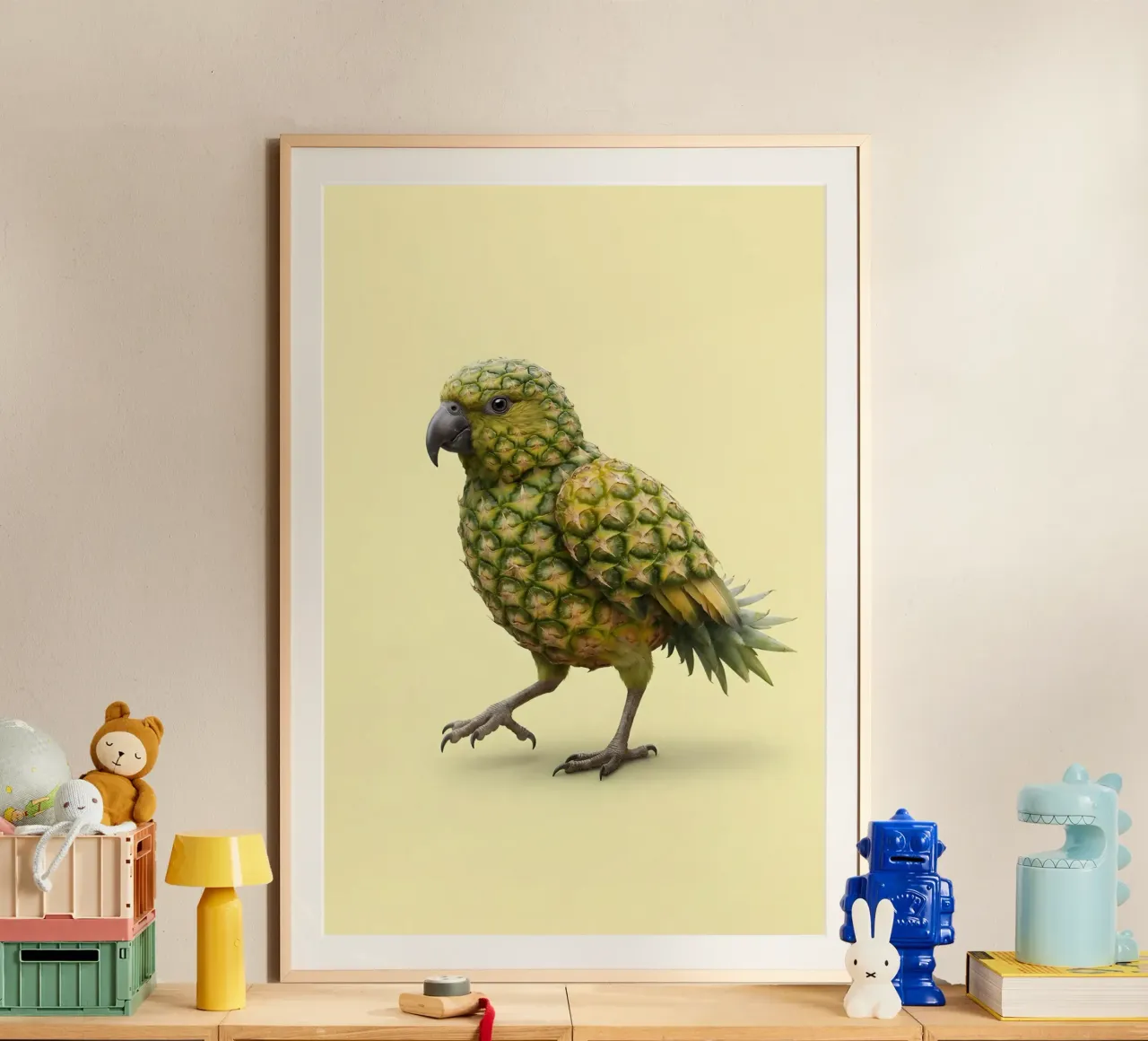 Pineapple Parrot Fusion Art – Tropical Surreal Illustration Poster von Fruit Fusion Creatures
