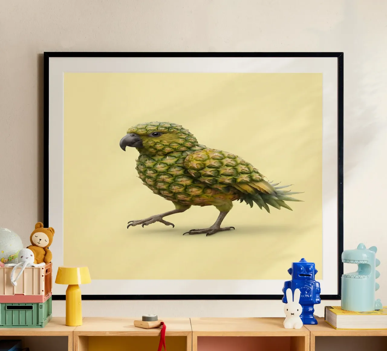 Pineapple Parrot Fusion Art – Tropical Surreal Illustration Poster von Fruit Fusion Creatures