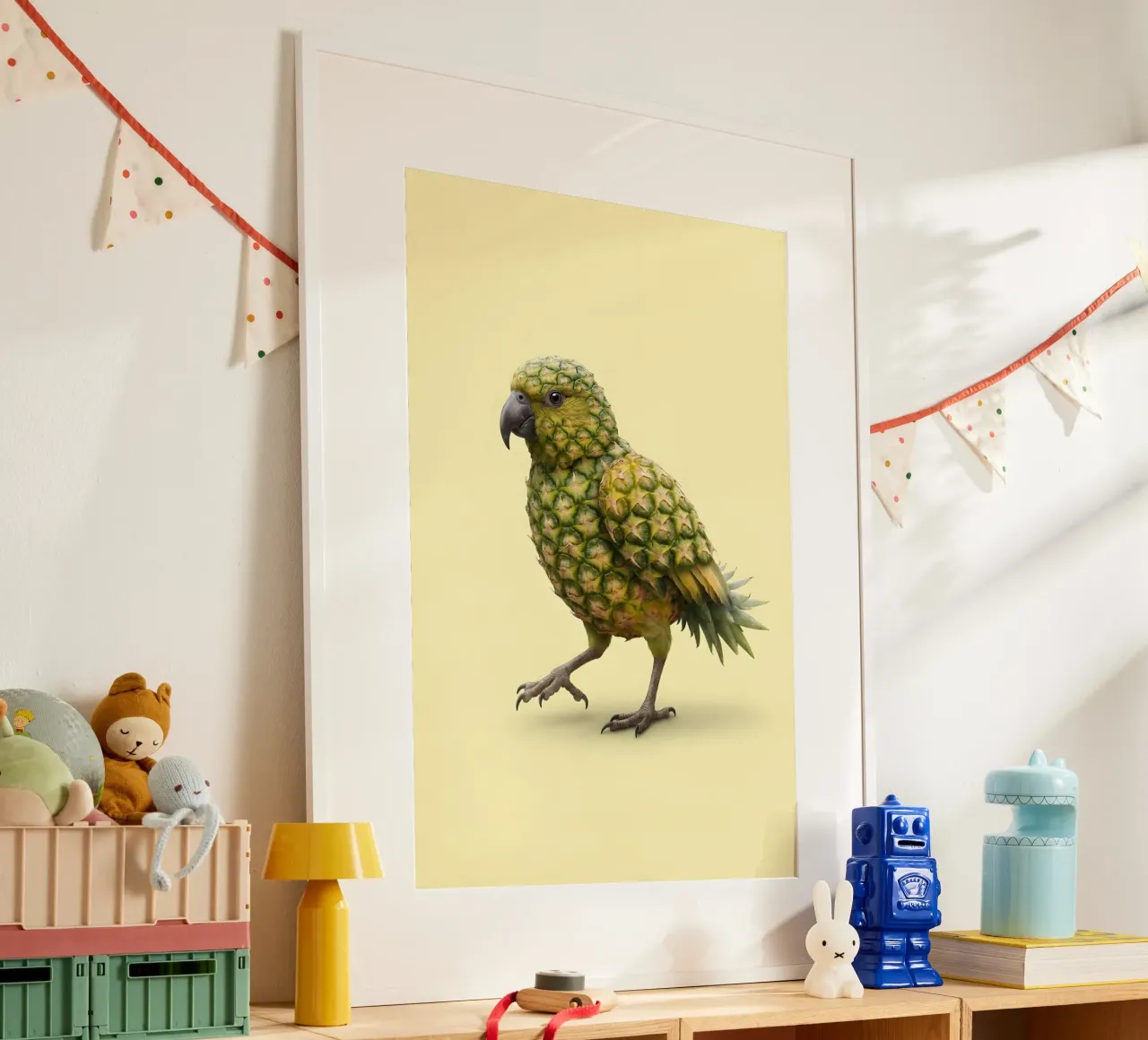 Pineapple Parrot Fusion Art – Tropical Surreal Illustration Poster von Fruit Fusion Creatures