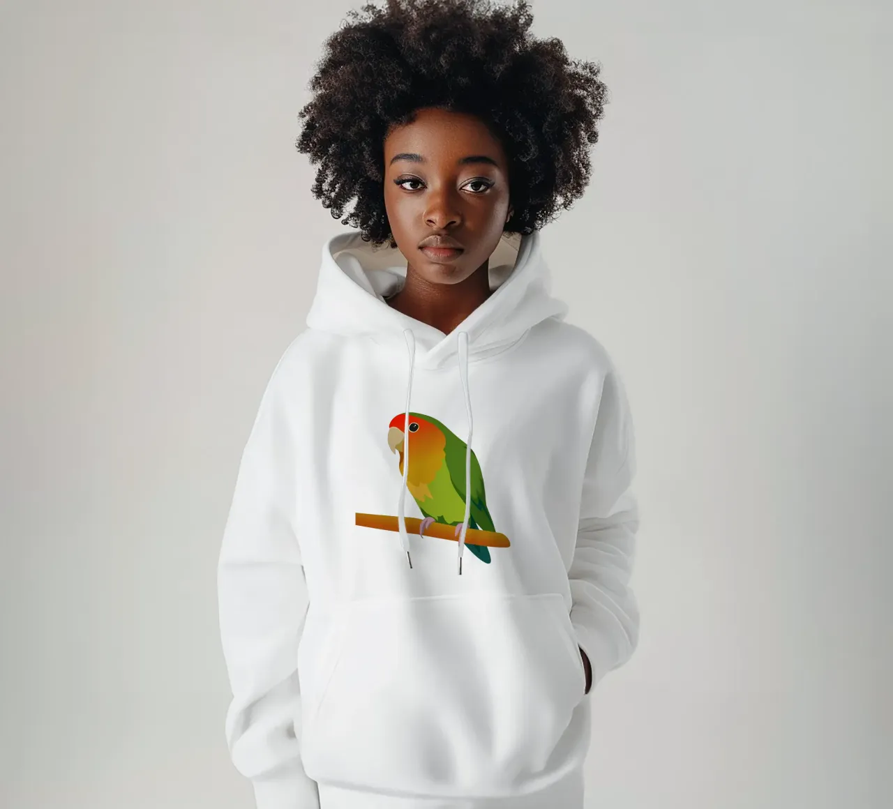 Un'illustrazione digitale di un inseparabile dal muso di pesca felpa con cappuccio da Bwiser