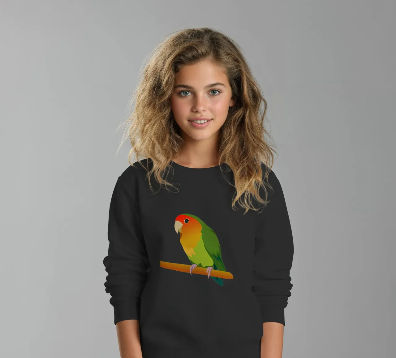 Un'illustrazione digitale di un inseparabile dal muso di pesca felpa bambino da Bwiser