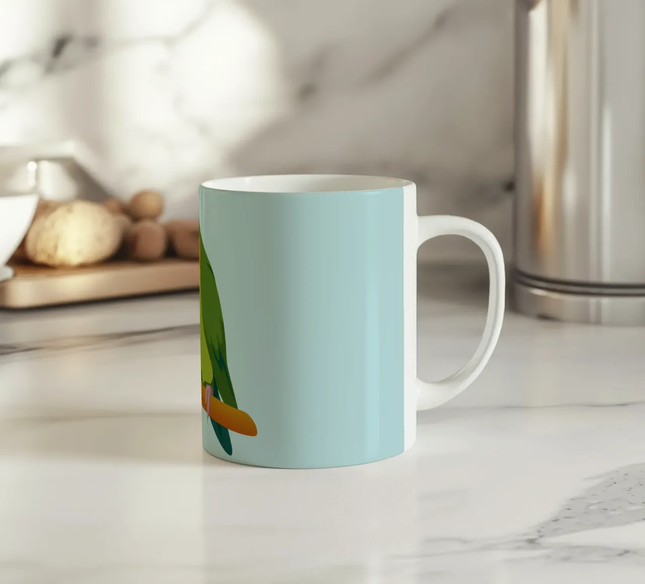 Un'illustrazione digitale di un inseparabile dal muso di pesca tazza in ceramica da Bwiser