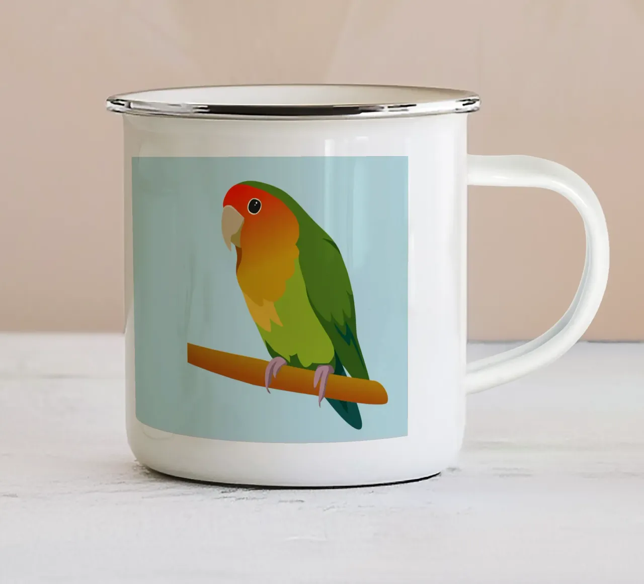 Un'illustrazione digitale di un inseparabile dal muso di pesca tazza in smalto da Bwiser