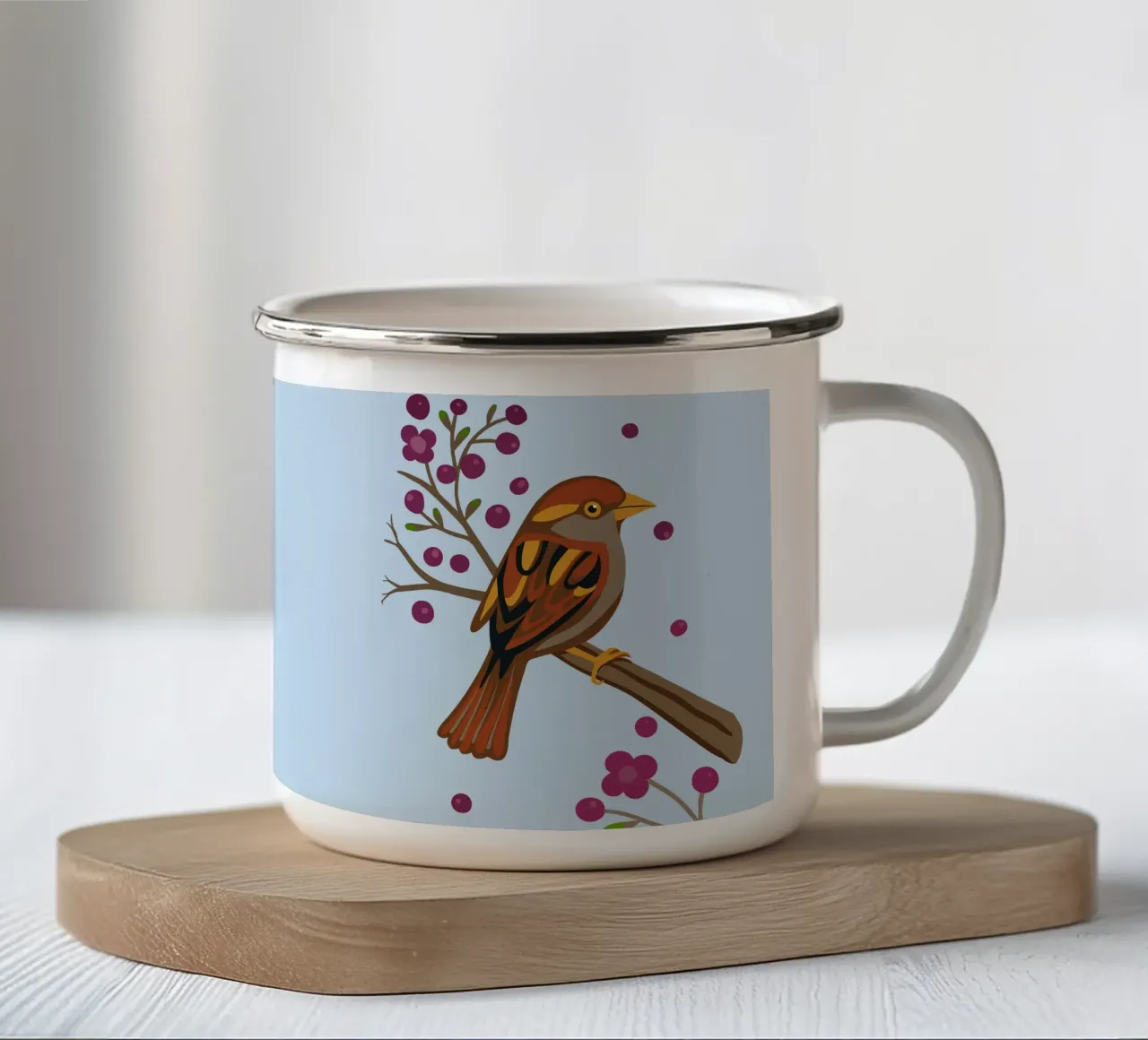 Passero su un ramo fiorito tazza in smalto da Bwiser