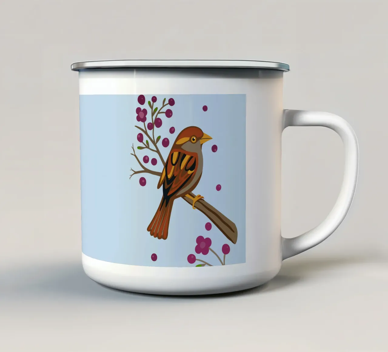 Passero su un ramo fiorito tazza in smalto da Bwiser
