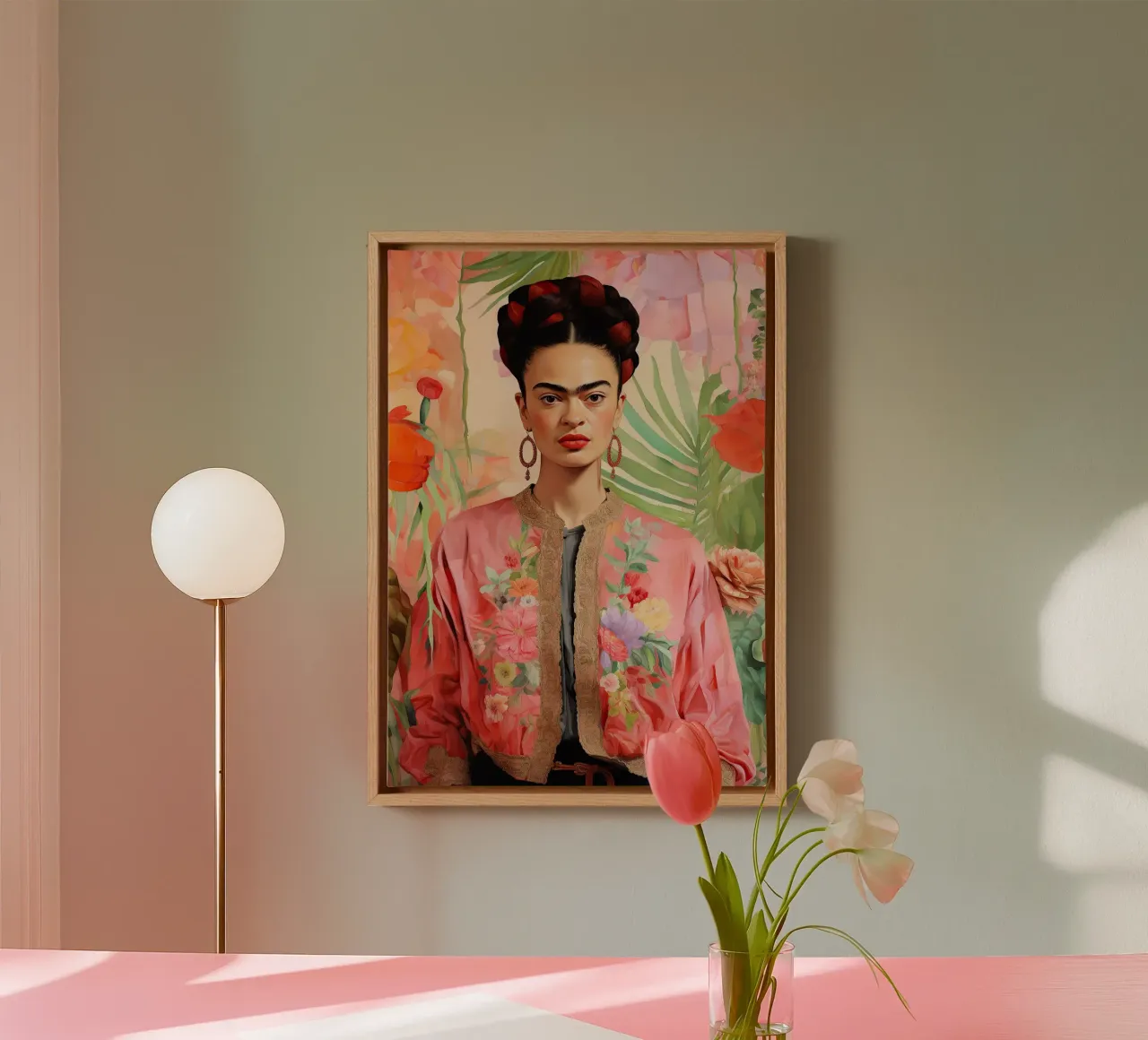Frida Kahlo "Defiance in Art" canvas met Baklijst van Fantasias Florales