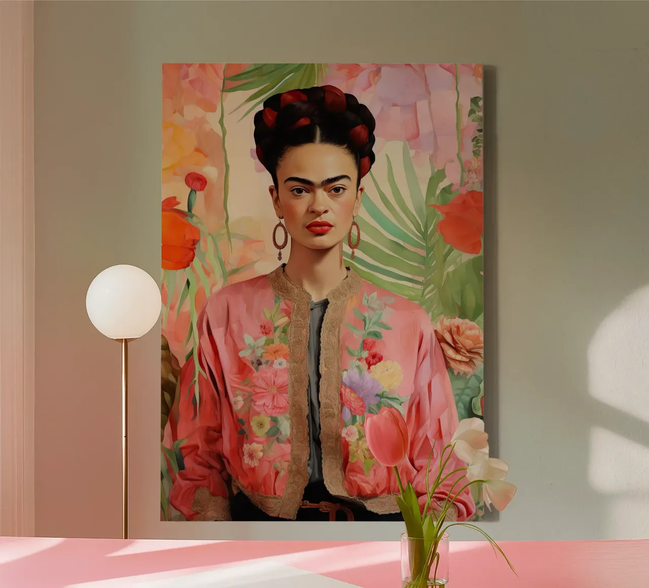Frida Kahlo "Defiance in Art" canvas met Baklijst van Fantasias Florales