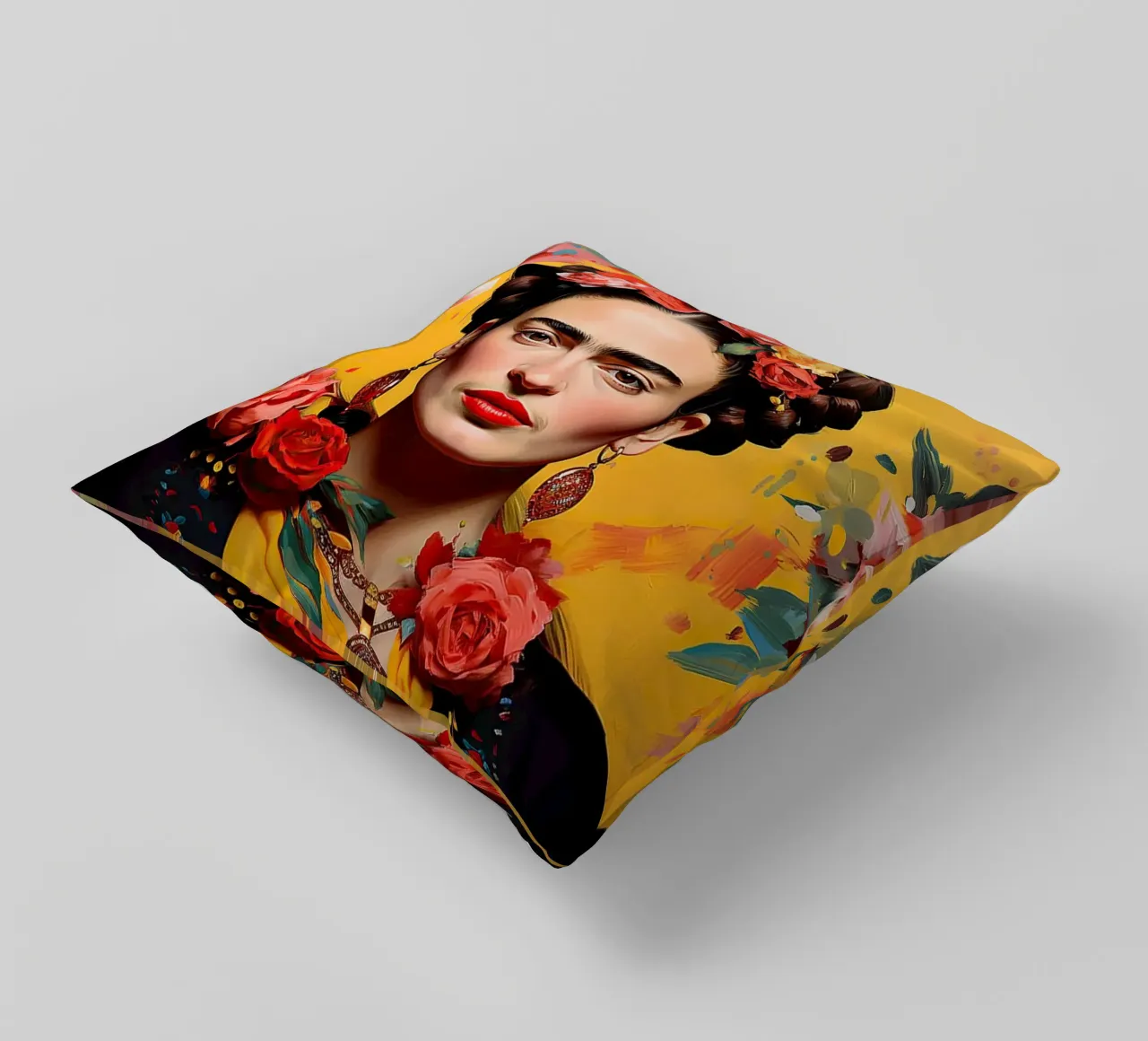 Frida Kahlo "Passion Unleashed" decorative cushion by Fantasias Florales