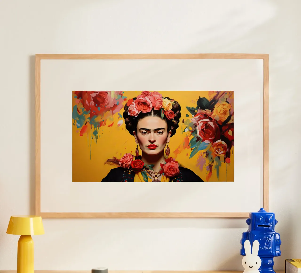 Frida Kahlo "Passion Unleashed" poster with wooden frame by Fantasias Florales